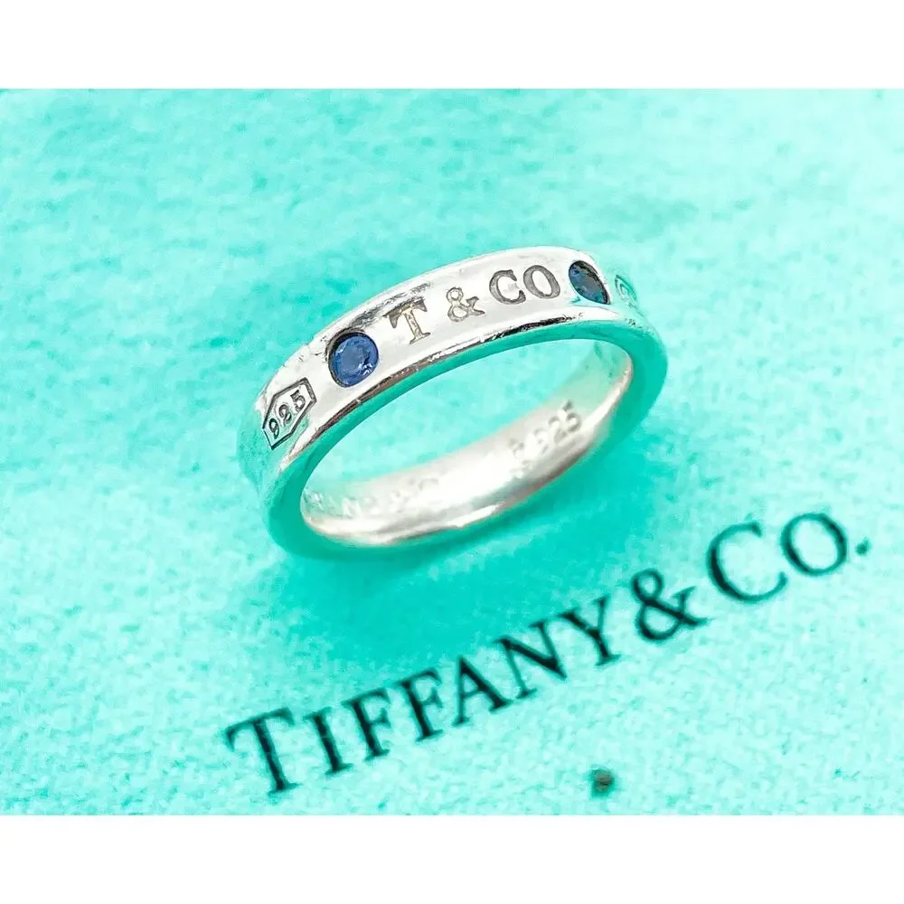 Tiffany & Co. 1837 Montana Sapphire Ring Sterling Silver Size 4 w/ Pouch